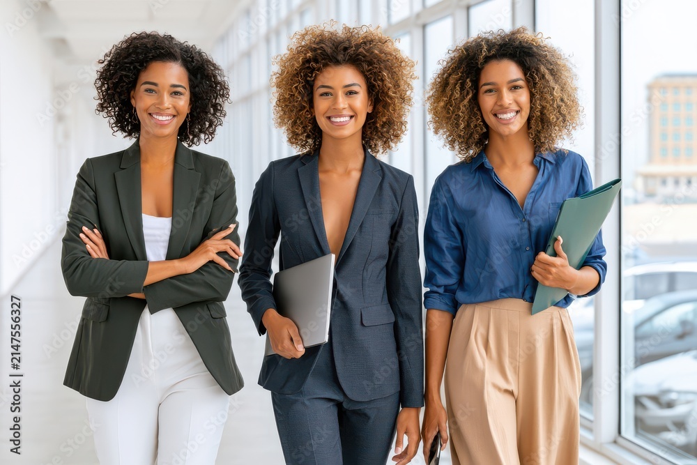 Fototapeta premium Three business women colleagues smiling and walking together in a bright modern office hallway
