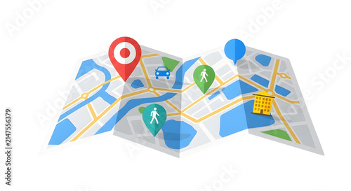 Folded paper city map with colorful location pins, navigation route with destination markers, travel guide and urban orientation concept
