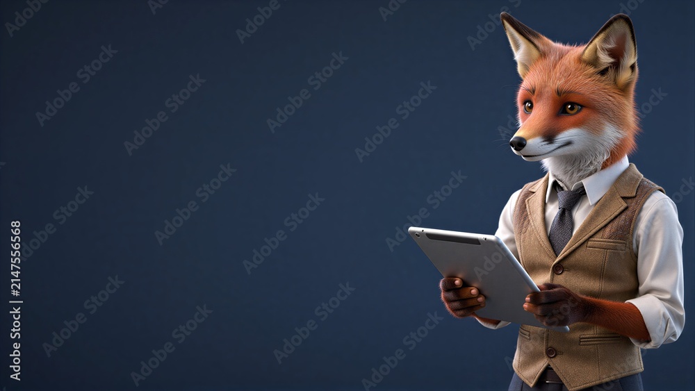 Naklejka premium A fox in a suit holds a tablet, looking professional against a dark background.