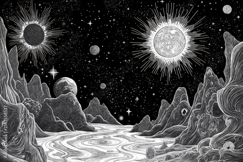 illustrated black and white cosmic landscape line art, alien mountains with two suns planets and stars, illustration