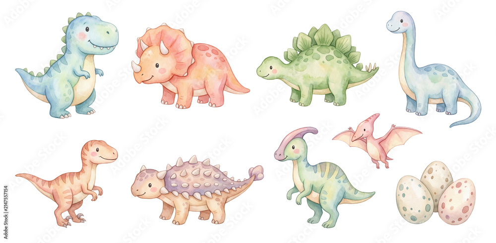 Obraz premium Watercolor set of cute baby dinosaurs prehistoric creatures and eggs isolated on white background with dinosaur, prehistoric