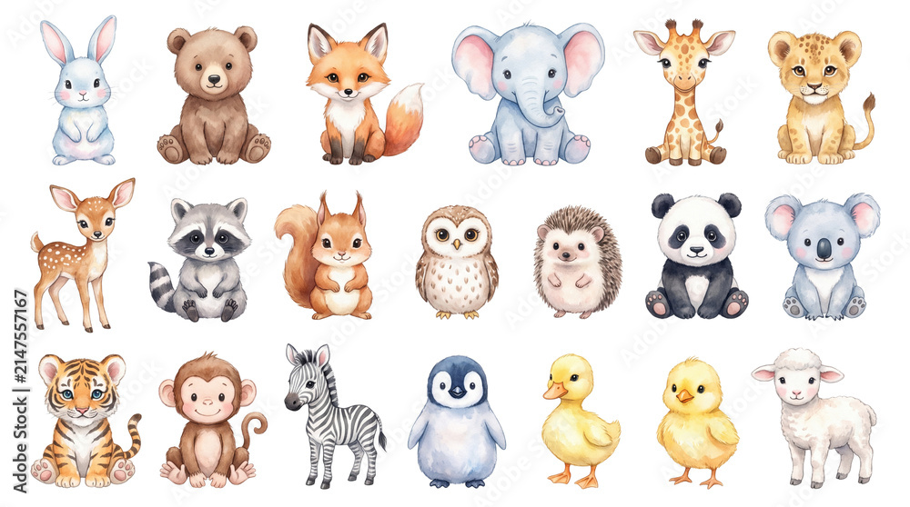 Obraz premium Cute baby animal collection in watercolor style isolated on white background with watercolor illustration collection
