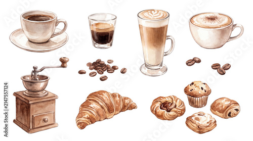 Watercolor coffee drinks and bakery pastry set including espresso latte cappuccino beans grinder and sweet baked goods