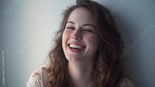 Joyful young woman laughing with eyes closed indoors.