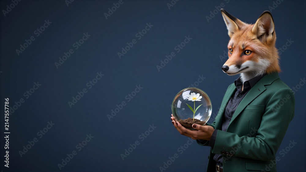 Naklejka premium Fox in suit holds glass sphere with blooming flower against dark background.