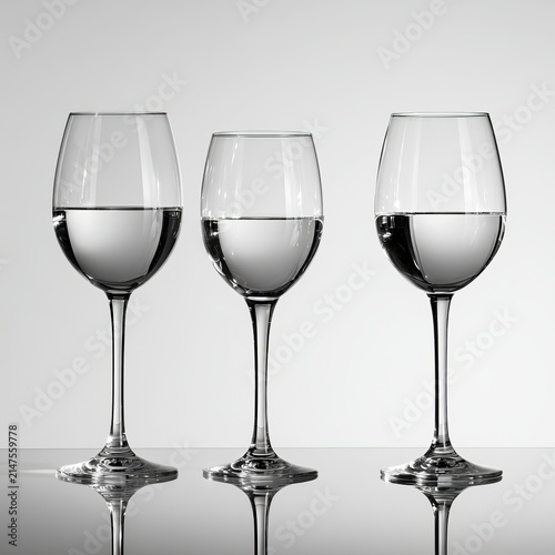Wine glasses reflect studio lights against white backgrounds.