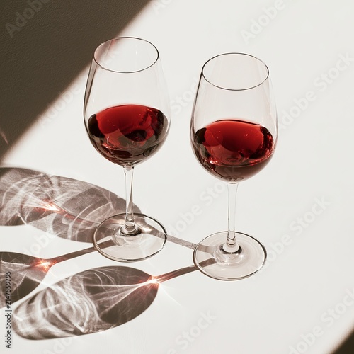 Two fancy red wine glasses sit on a white background.