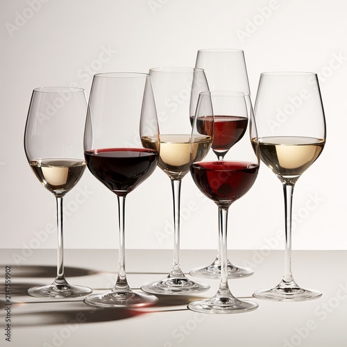 Wine glasses sit together on white backgrounds.