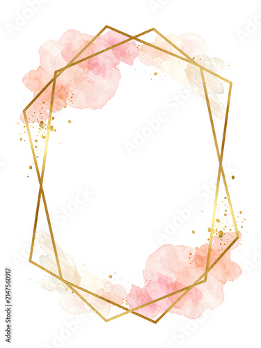Elegant Geometric Gold Frame with Pink Watercolor Blooms