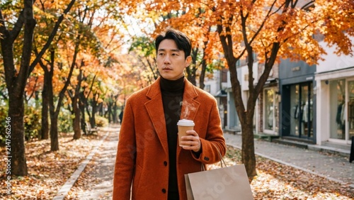 Lifestyle - Korean man walking with coffee cup and shopping bag in autumn street