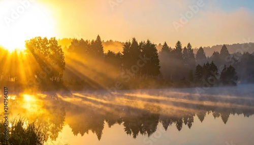Stunning golden sunrise over a tranquil misty forest lake.