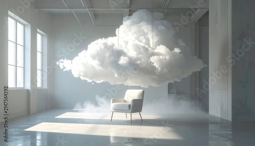 Surreal interior scene with a soft cloud floating above a modern armchair in a bright minimalist room.