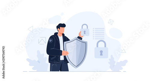Man Holding Shield and Lock Icons Symbolizing Data Security, Privacy, and Protection Concept Vector Illustration