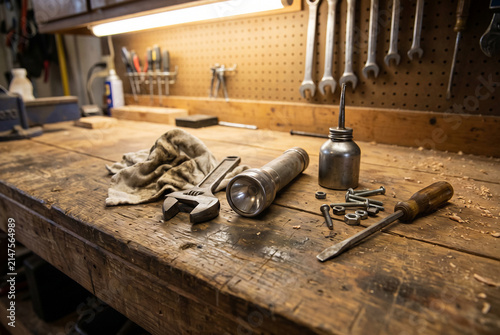 Old wooden workbench with tools and flashlight in a garage