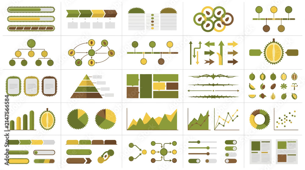 Fototapeta premium Agricultural infographic kit with durian icons and charts.