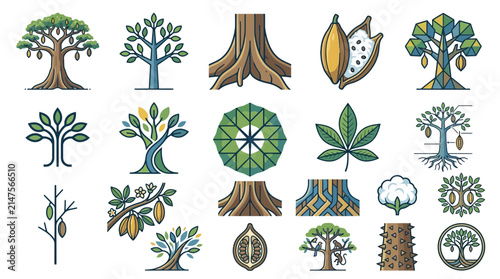 Stylized tree icons and cacao pod botanical illustrations.