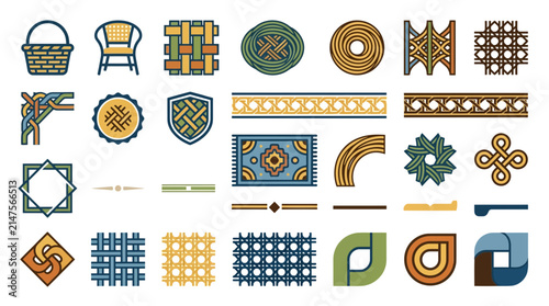 Decorative icons set featuring wicker textures and woven patterns.