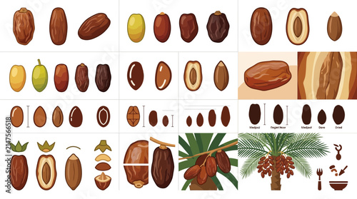 Date fruit varieties and botanical palm tree elements.