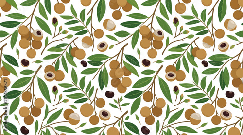 Foto Seamless pattern with longan fruits and green leaves.