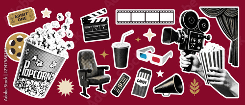 Movie Night Sticker Set, Retro Halftone Cinema Illustration Collection