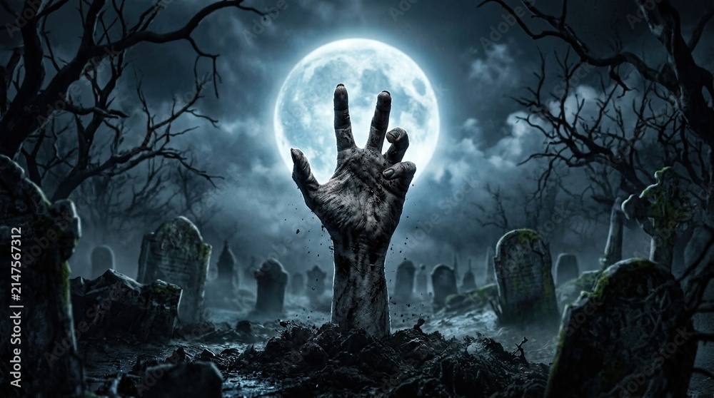 Obraz premium A spooky zombie hand rising from a grave in a dark misty cemetery under a full moon