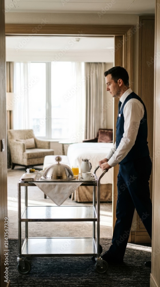 Obraz premium Waiter pushing breakfast cart with silver cloche into hotel suite, providing room service hospitality