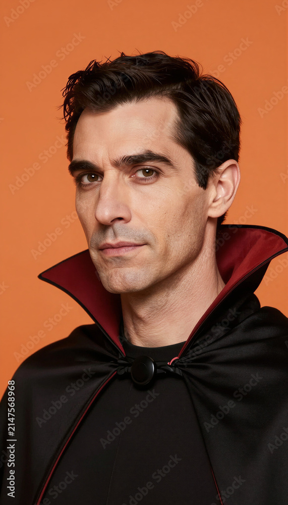 Fototapeta premium Man in vampire costume with black cape against orange backdrop