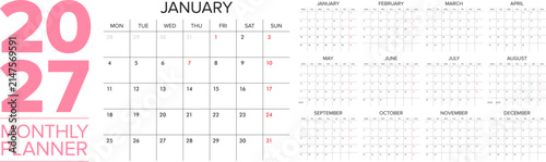 Calendar for the year 2027 features a clean monthly planning layout with a soft pink design to help organize your important professional deadlines.