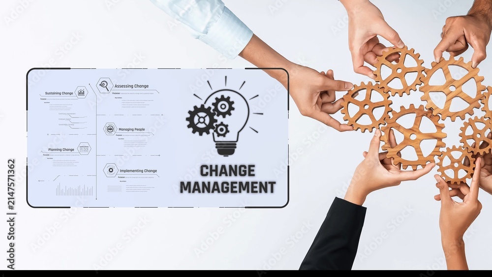 Obraz premium This image depicts hands working together to symbolize collaboration in change management. Gears and a lightbulb represent innovation, strategy, and the process of business transformation. Raster