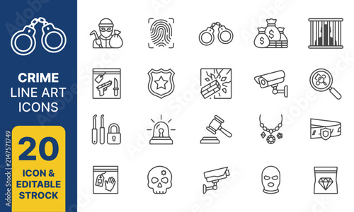A collection of Crime icons set with editable stroke, including criminal, illegal. Thin linear vector illustration collection