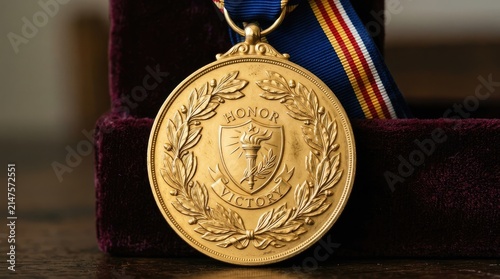 Ornate gold medal with laurel wreath design, symbolizing honor, dignity, success, and achievement on a ceremonial ribbon
