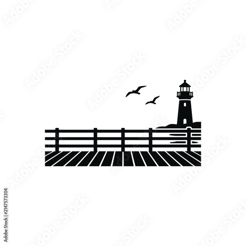 Lighthouse and Pier Silhouette with Seagulls Flying.