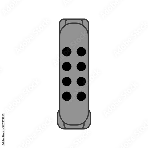 Modern gray remote control with eight black buttons.