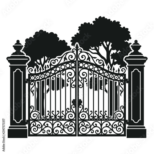 Ornate Wrought Iron Gate with Pillars and Trees Silhouette.