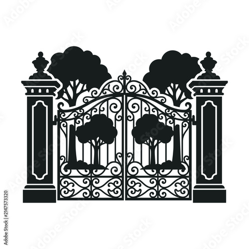 Ornate Wrought Iron Gate with Stone Pillars and Trees.