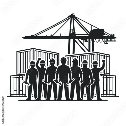 Port Workers Standing Together With Shipping Containers and Crane.