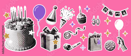 Birthday Party Sticker Set, Retro Halftone Celebration Illustration Collection