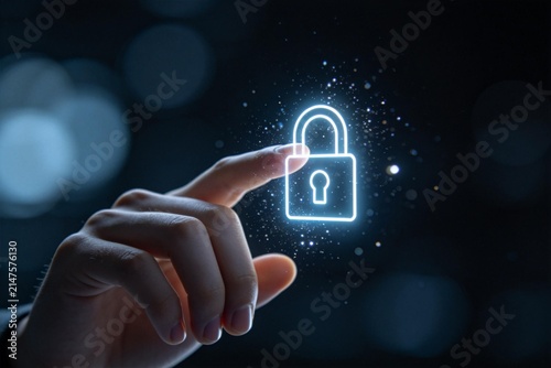 Hand touching glowing padlock icon