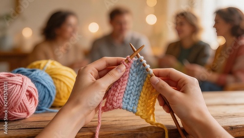 Hands knitting colorful yarn with people in background