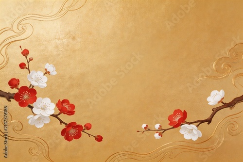 Floral branch with red and white blossoms