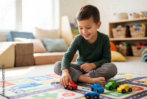 Smiling young boy playing with colorful toy cars on a mat