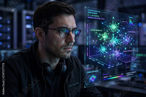 Obraz w ramie Man examining complex 3D data visualization with cluster analysis and correlation matrix, ideal for technology presentations, data science marketing and AI innovation.