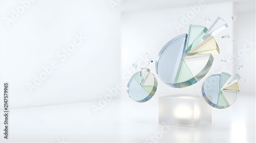3D glass pie charts floating in white minimalist studio for business data