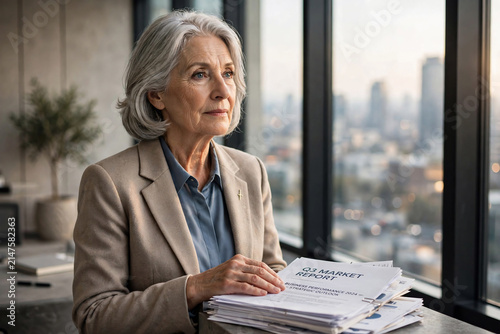 Mature businesswoman with white hair holding market report by office window overlooking city skyline, ideal for business strategy, corporate analysis and executive leadership