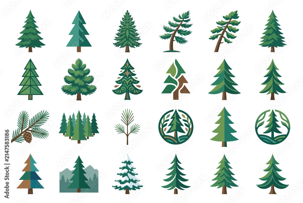 Obraz premium Minimalist evergreen pine and forest logo symbols.