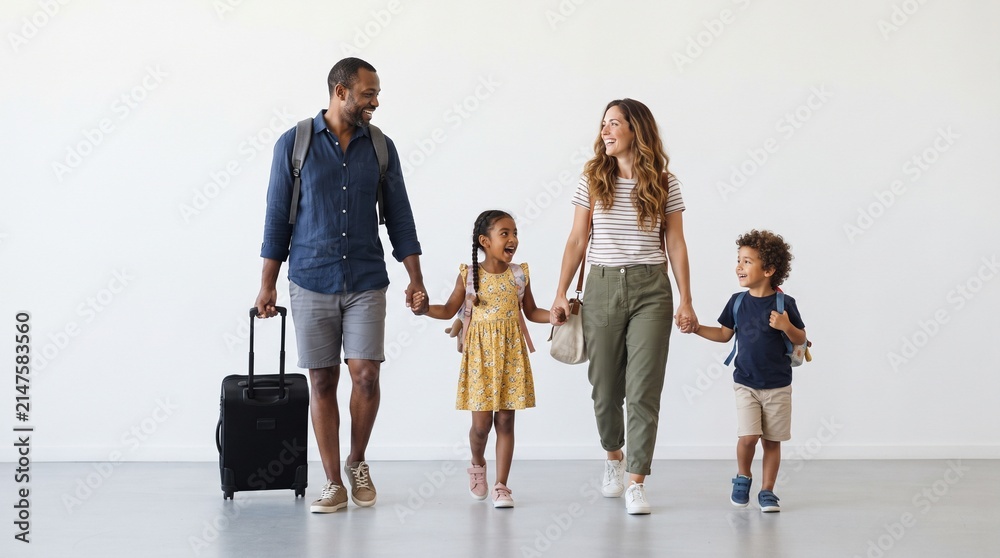 Naklejka premium A smiling family of four, holding hands, with two children and parents, are walking with luggage in a bright, modern space. The father is pulling a suitcase, and the mother carries a handbag.