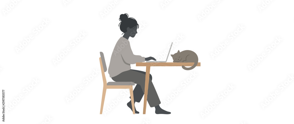 Fototapeta premium Woman working on laptop with sleeping cat isolated