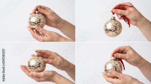 Four close-up shots of a hand holding and decorating a vintage Christmas ornament. The ornament is a golden sphere with intricate patterns and a red ribbon.
