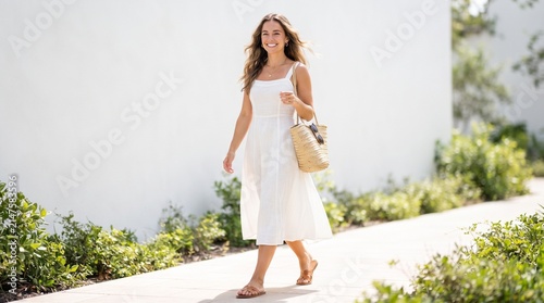 A smiling woman in a white dress walks down a sun-drenched path, carrying a straw bag. She looks happy and relaxed on a bright day, surrounded by greenery and a white wall.