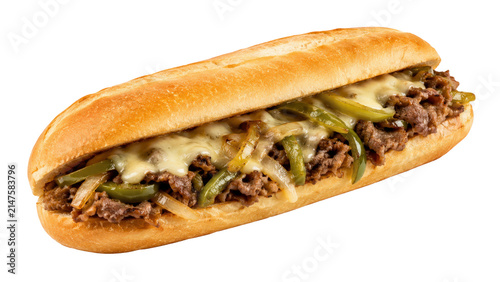 Philly Cheesesteak Sandwich with Beef and Peppers on Sub Roll